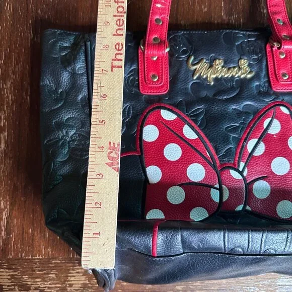 Loungefly Disney Minnie Mouse Tote Bag Embossed Black Faux Leather Polka Dot Bow - Picture 13 of 13